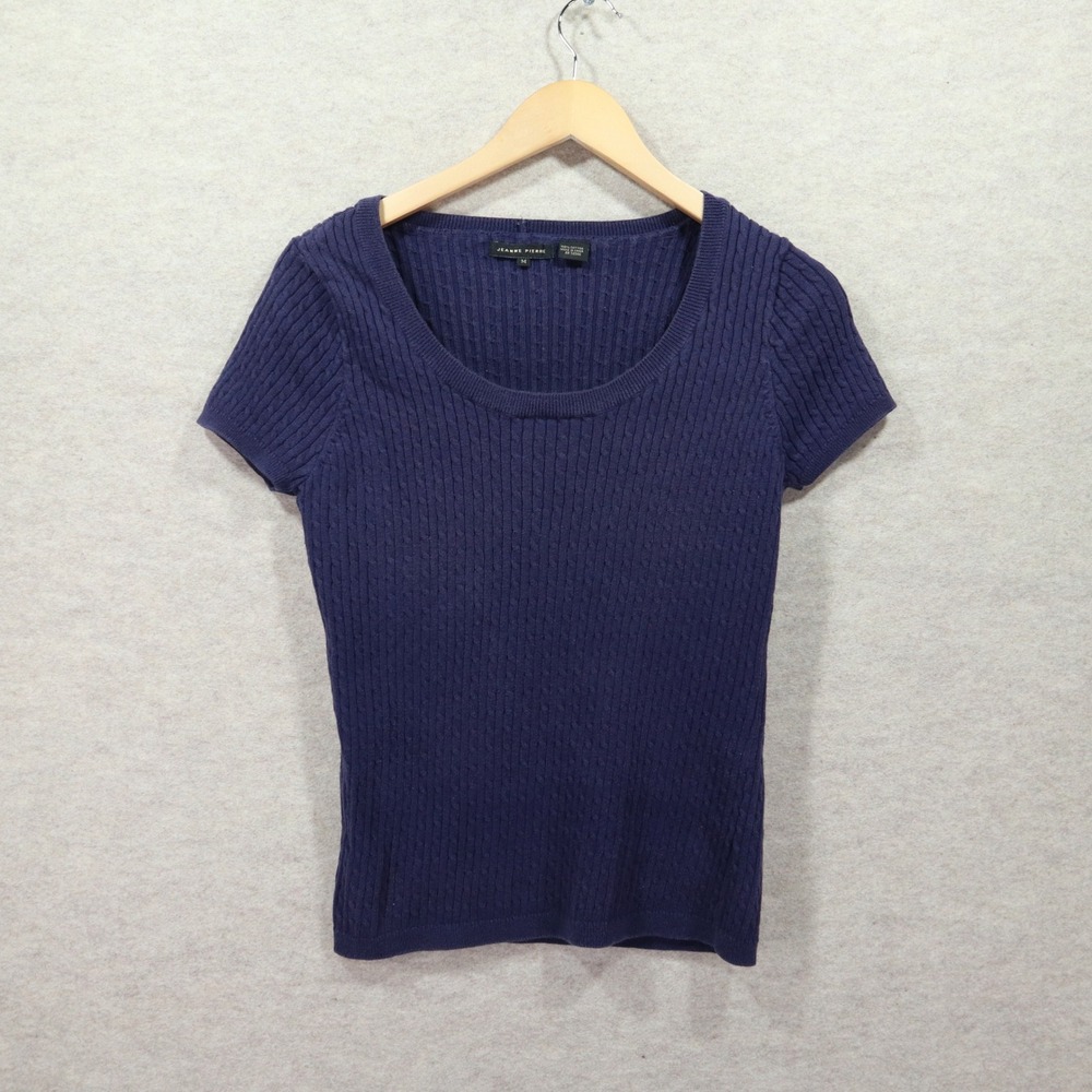 Jeanne Pierre Sweater M Navy Blue Cable Knit Y2K Scoop Neck Short Sleeve Top